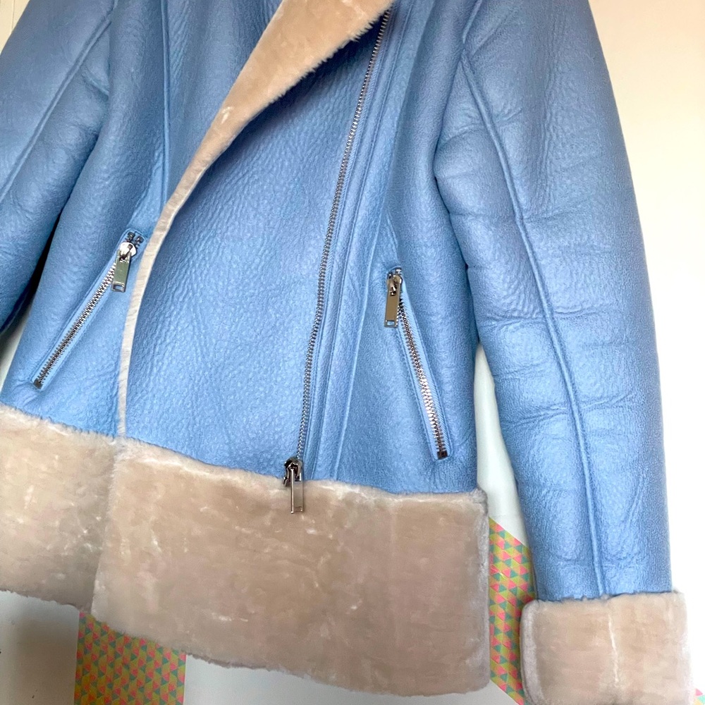 Miss Selfridge sherpa-lined suede coat in baby blue, size US 6 / EU 38.